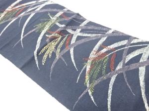 手織り真綿紬芝に草葉模様織出し名古屋帯